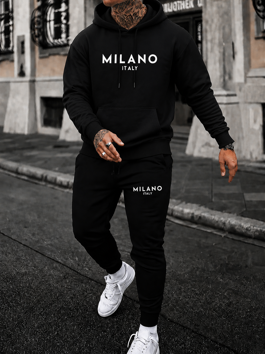 Trendy Milano Italy Heren Hoodie en Joggingbroek Set - Comfortabele Katoen-Polyester Trainingspak met Modern Design