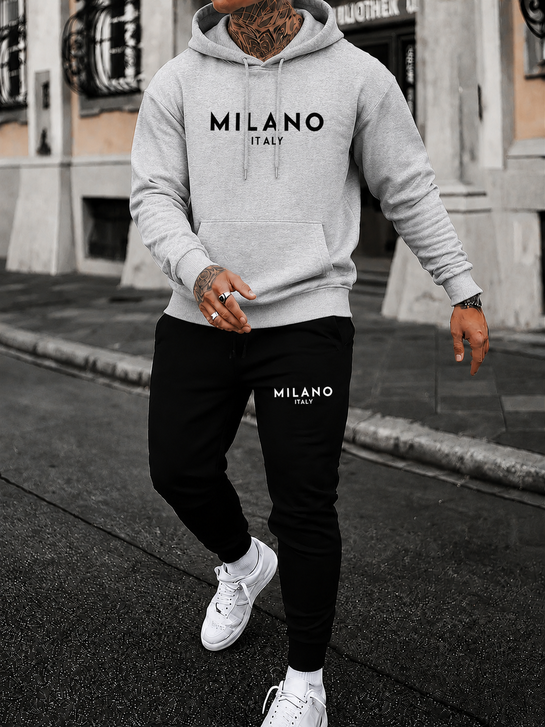 Stijlvolle Milano Italy Hoodie en Joggingbroek Set voor Mannen – Comfortabele Katoen-Polyester Mix, Trendy Casual Outfit