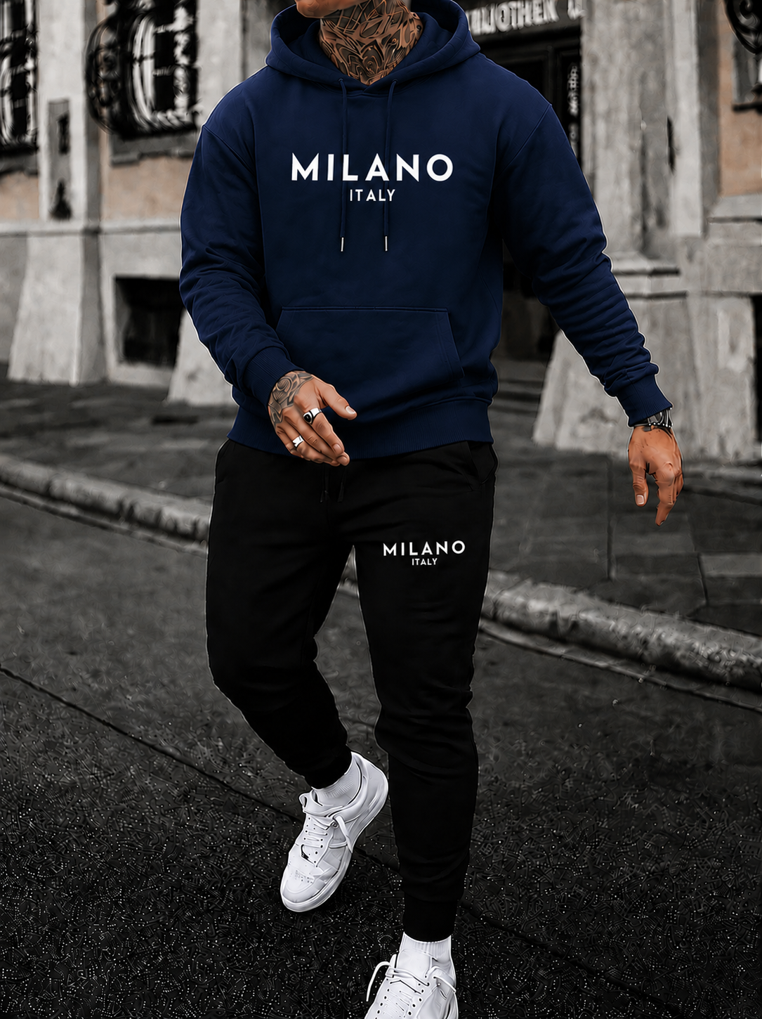 Stijlvolle Milano Italy Hoodie en Joggingbroek Set voor Mannen – Comfortabele Katoen-Polyester Mix, Trendy Casual Outfit
