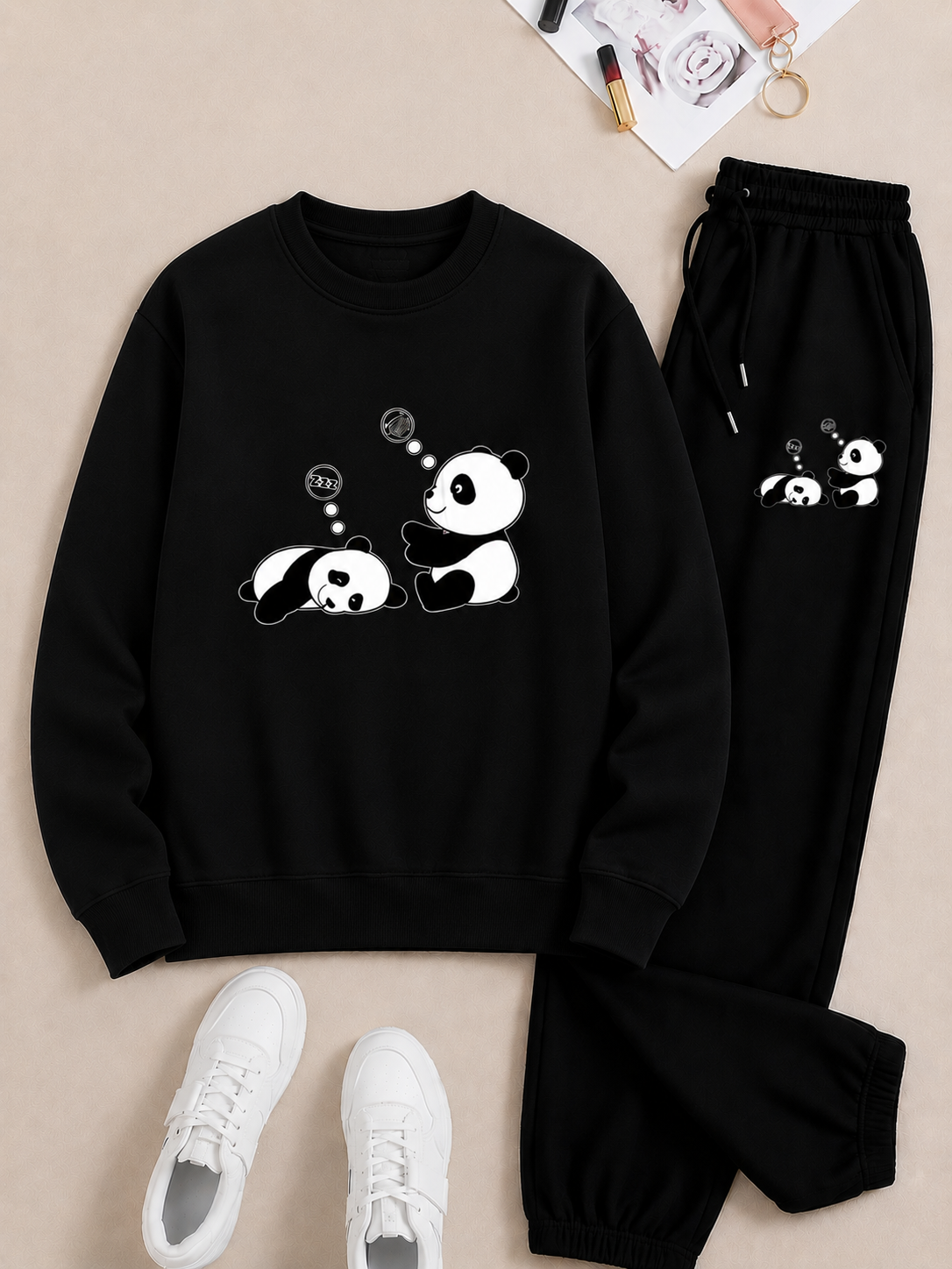 Trendy Zwarte Panda Print Sweater en Joggingbroek Set - Comfortabele Casual Kleding voor Dames en Heren