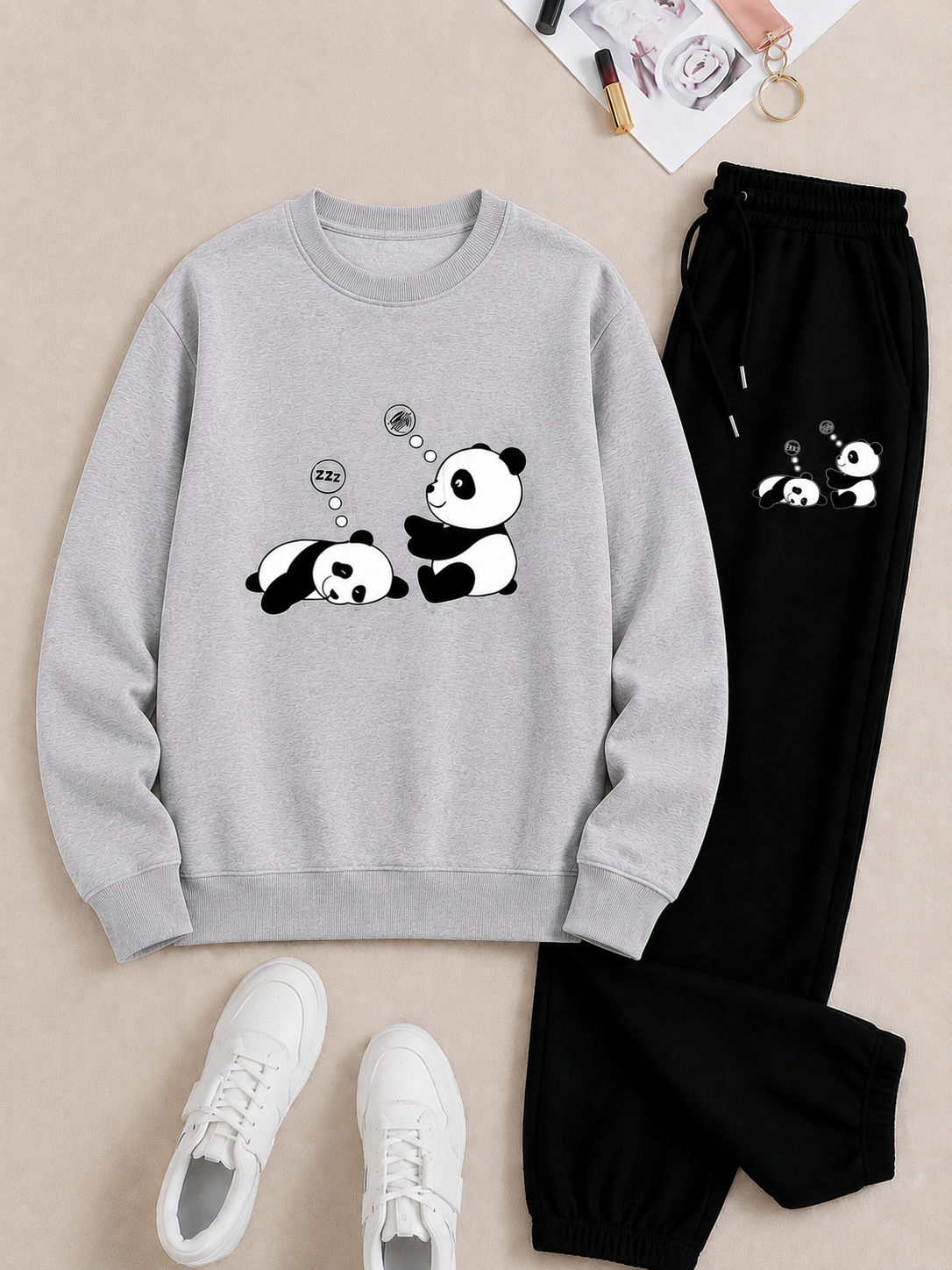 Trendy Zwarte Panda Print Sweater en Joggingbroek Set - Comfortabele Casual Kleding voor Dames en Heren