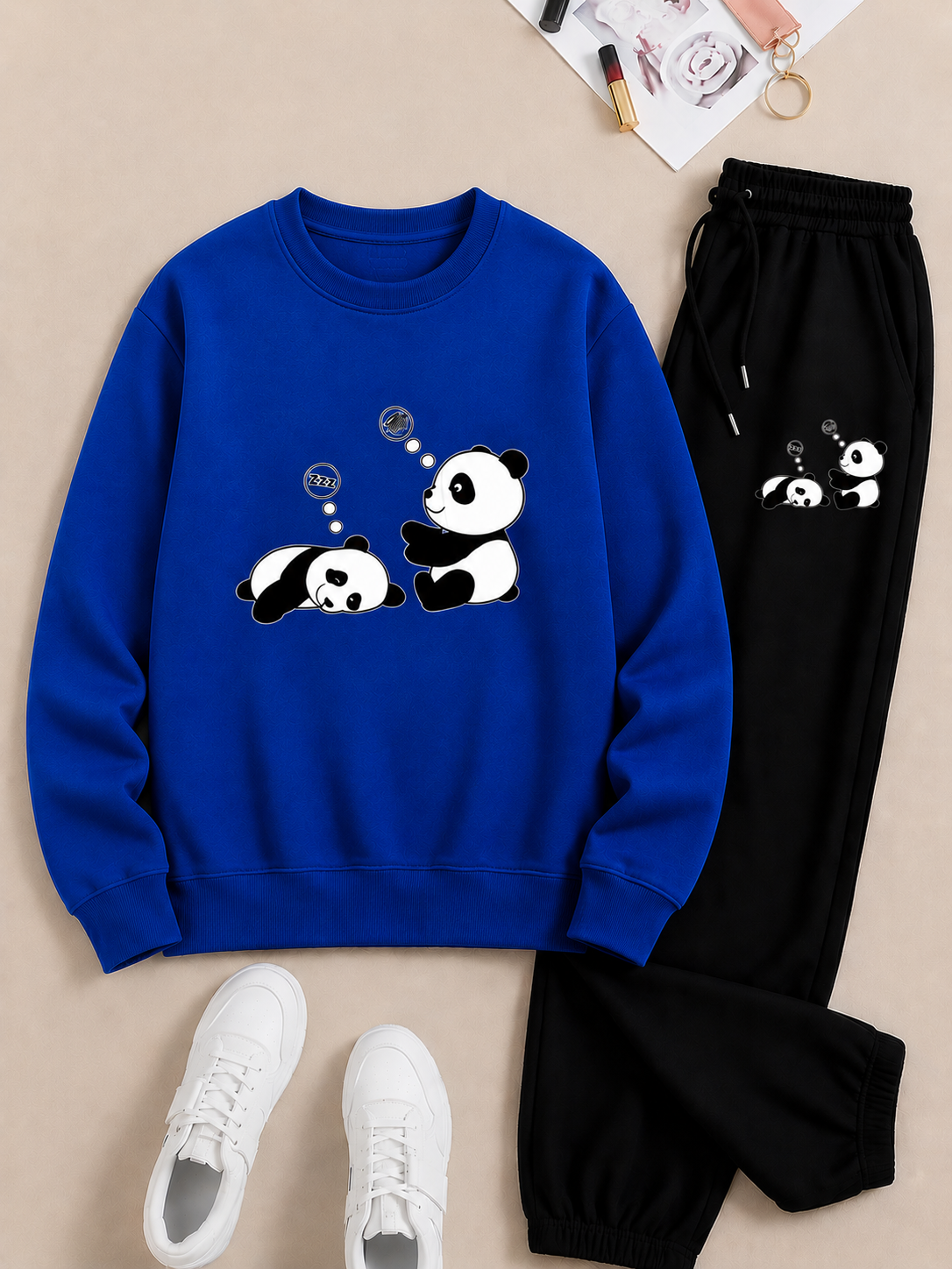 Trendy Zwarte Panda Print Sweater en Joggingbroek Set - Comfortabele Casual Kleding voor Dames en Heren