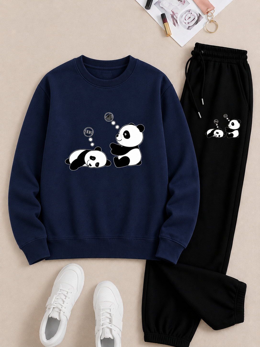 Trendy Zwarte Panda Print Sweater en Joggingbroek Set - Comfortabele Casual Kleding voor Dames en Heren