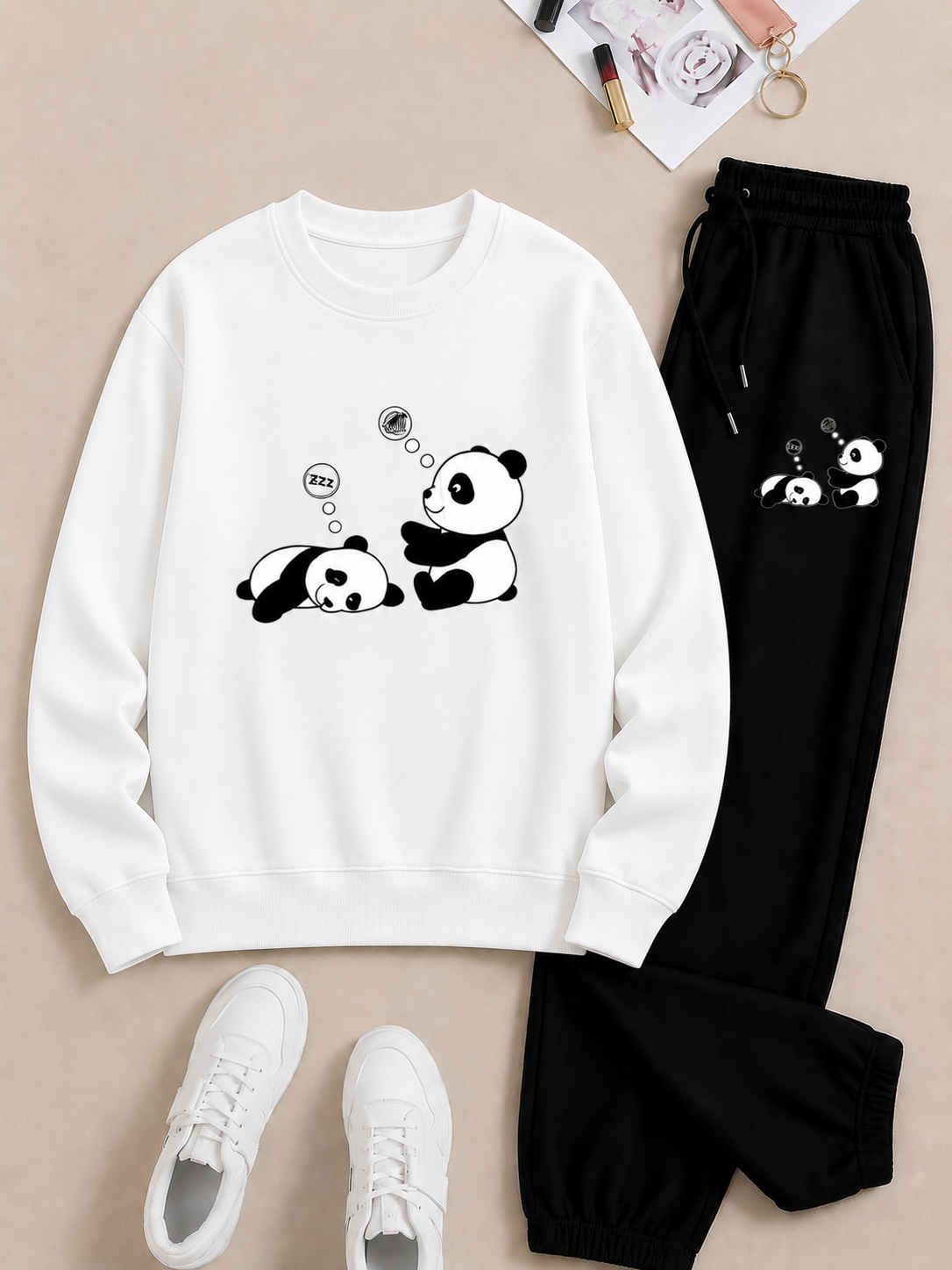 Trendy Zwarte Panda Print Sweater en Joggingbroek Set - Comfortabele Casual Kleding voor Dames en Heren