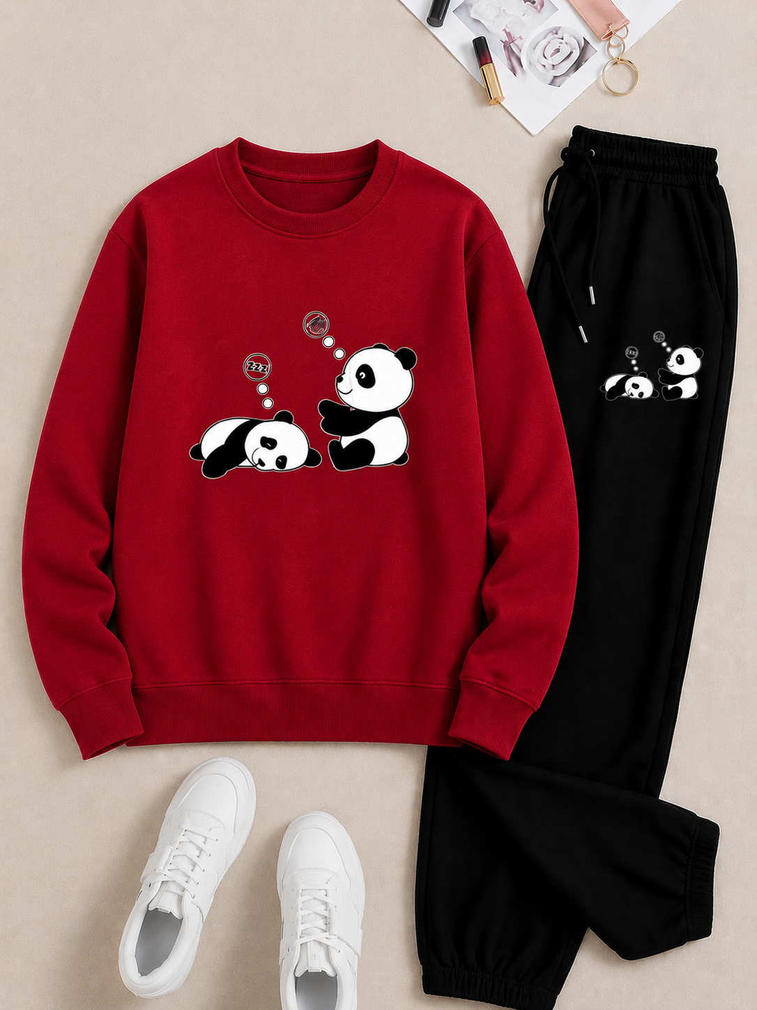 Trendy Zwarte Panda Print Sweater en Joggingbroek Set - Comfortabele Casual Kleding voor Dames en Heren