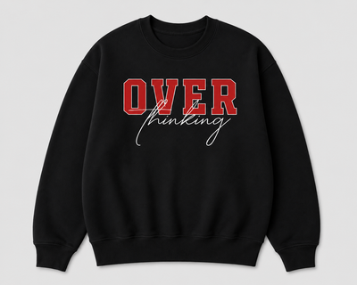 Trendy Overthinking Sweatshirt voor Volwassenen – Comfortabele Katoen-Polyester Mix in Zwart Met Opvallende Rood-Witte Tekst