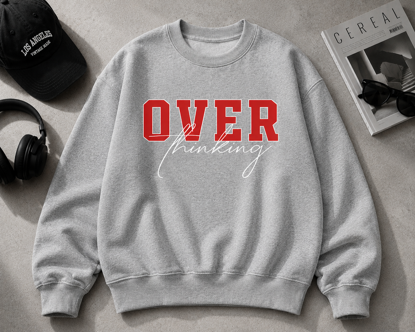 Trendy Overthinking Sweatshirt voor Volwassenen – Comfortabele Katoen-Polyester Mix in Zwart Met Opvallende Rood-Witte Tekst
