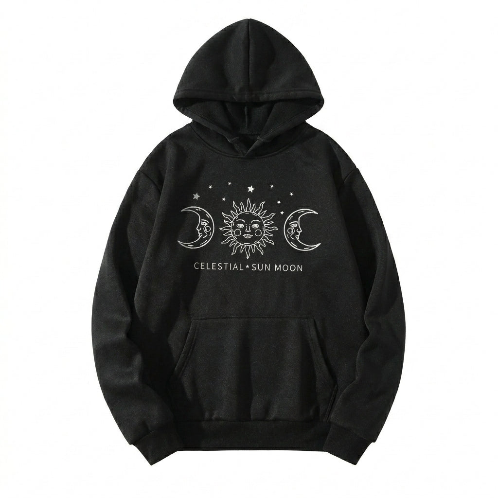 Dames Hoodie met Zon en Maan Print –  Celestial Streetwear Hoodie met Sterrenprint en Capuchon – Sweater voor Vrouwen