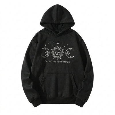 Dames Hoodie met Zon en Maan Print –  Celestial Streetwear Hoodie met Sterrenprint en Capuchon – Sweater voor Vrouwen