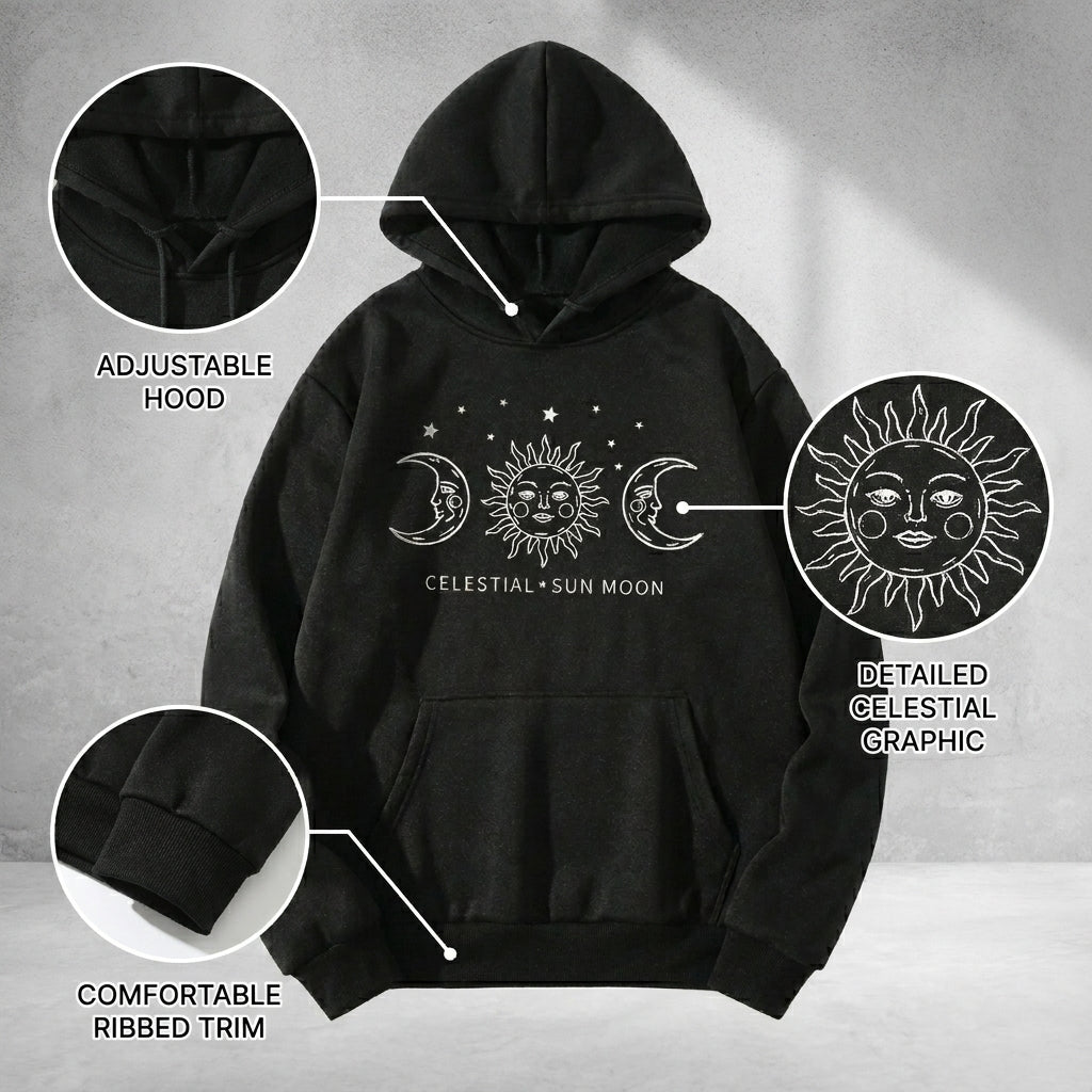 Dames Hoodie met Zon en Maan Print –  Celestial Streetwear Hoodie met Sterrenprint en Capuchon – Sweater voor Vrouwen