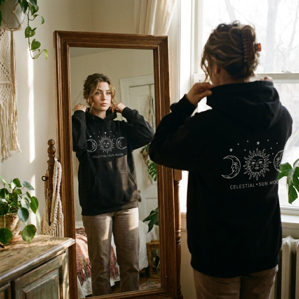 Dames Hoodie met Zon en Maan Print –  Celestial Streetwear Hoodie met Sterrenprint en Capuchon – Sweater voor Vrouwen