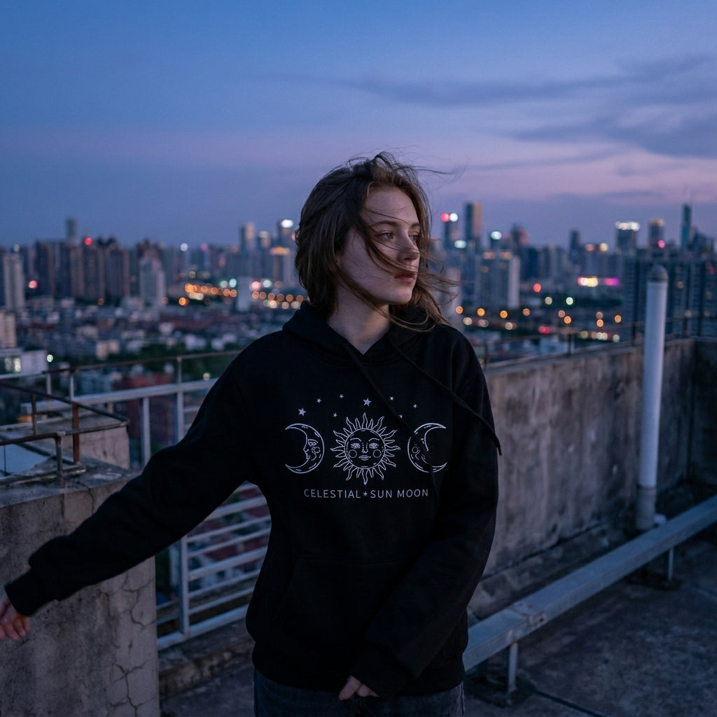 Dames Hoodie met Zon en Maan Print –  Celestial Streetwear Hoodie met Sterrenprint en Capuchon – Sweater voor Vrouwen