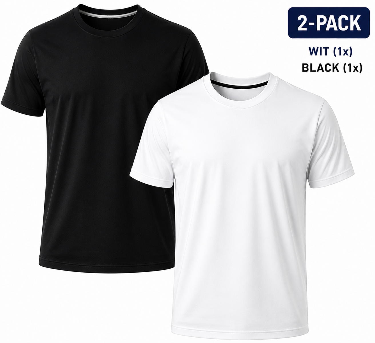 2-Pack - T-Shirts Heren - 100% Katoen - Wit/Zwart/Navy-Blauw - Comfort Fit - Maat M