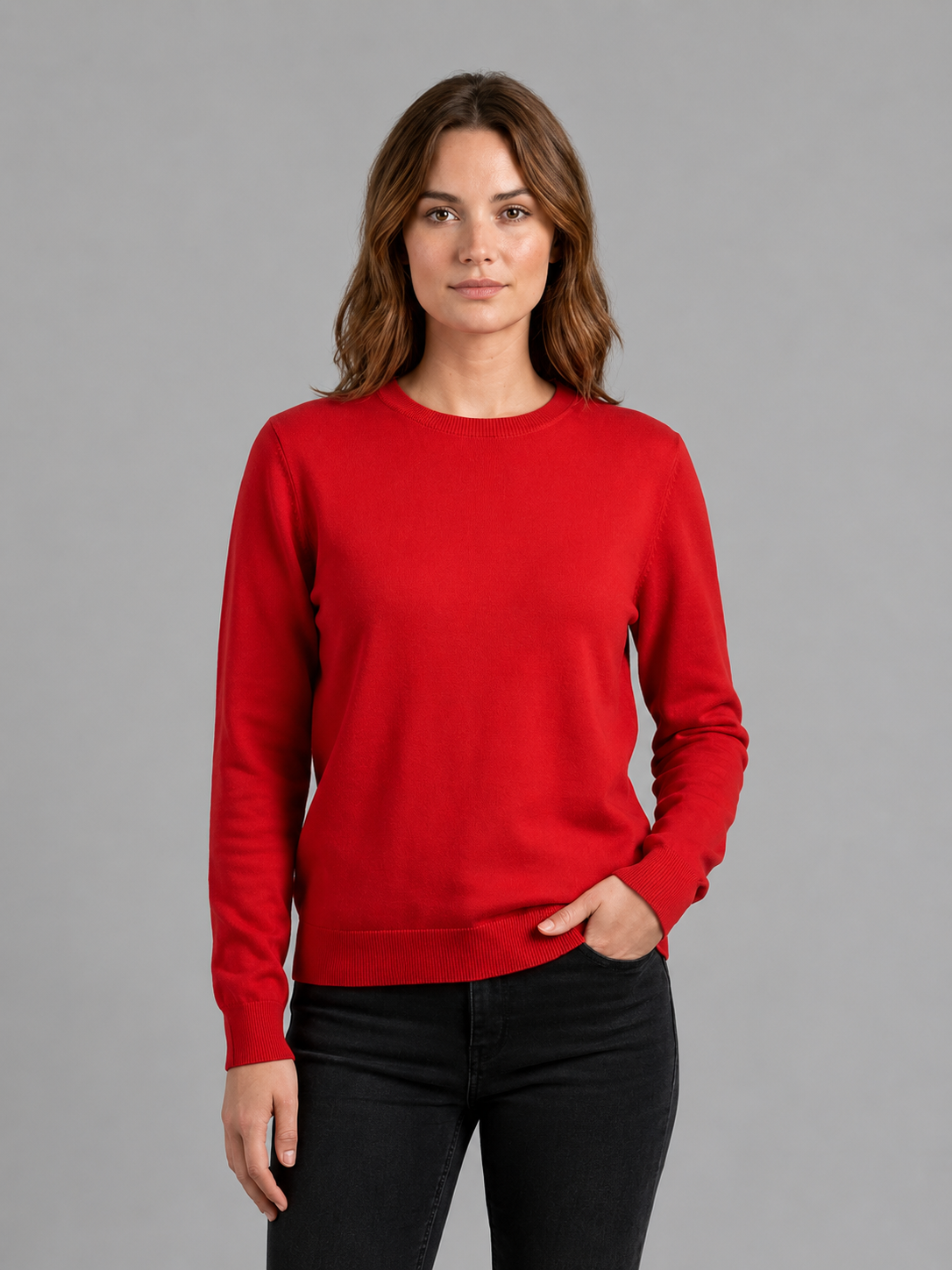Stijlvolle Basic Trui Dames met Ronde Hals en Comfortabele - 55% Katoen - Rood