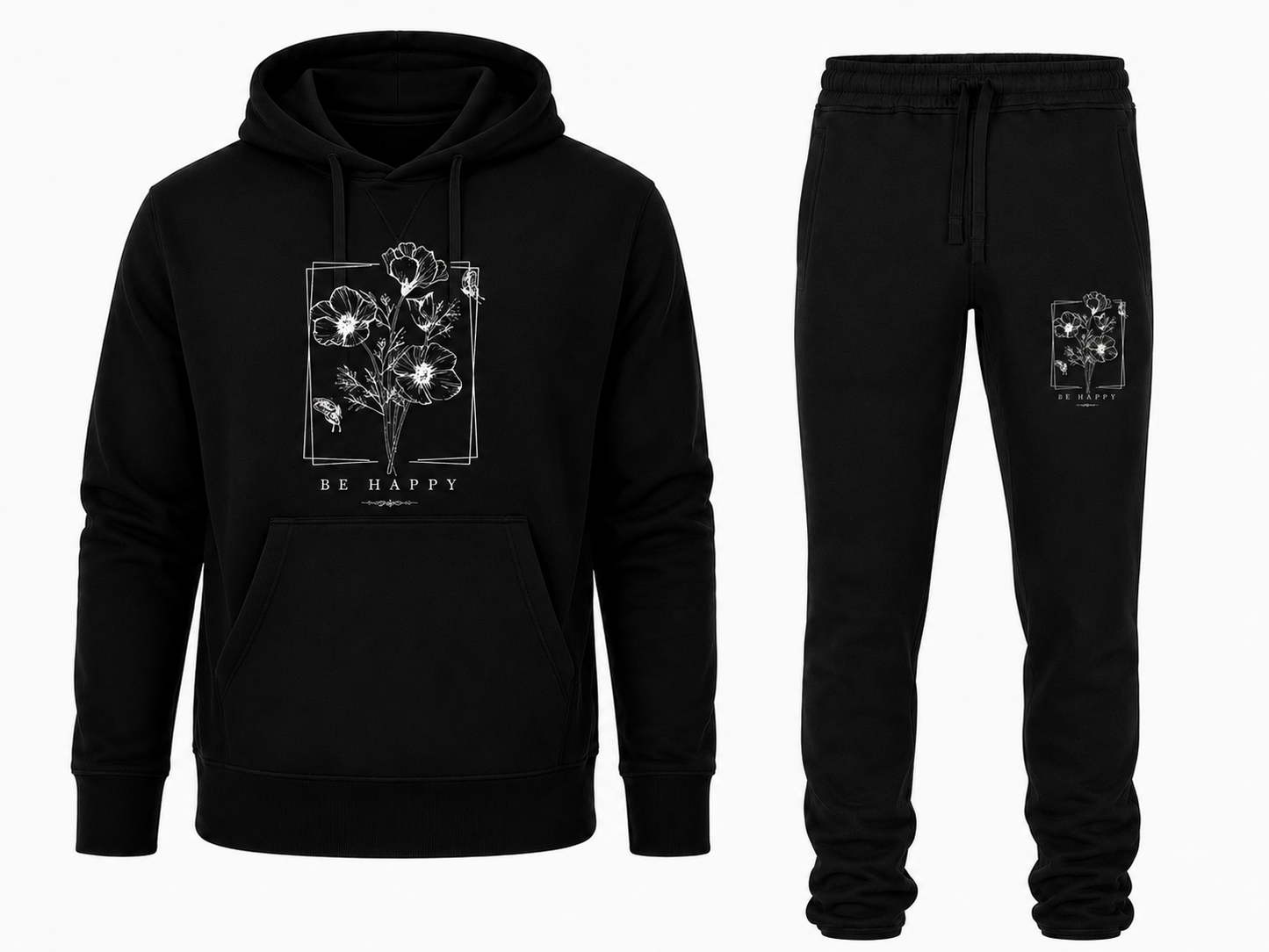 Trendy Unisex 'Be Happy' Botanische Bloemen Hoodie en Comfortabele Joggingbroek voor Elke Dag Stijlvol en Gezellig
